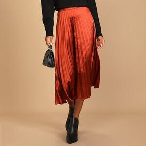 Lulus Fashionable Babe Rust Brown Satin Pleated Midi Skirt - Size S
